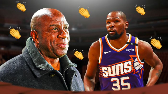 Magic Johnson and Kevin Durant in the center, with clapping emojis all around.