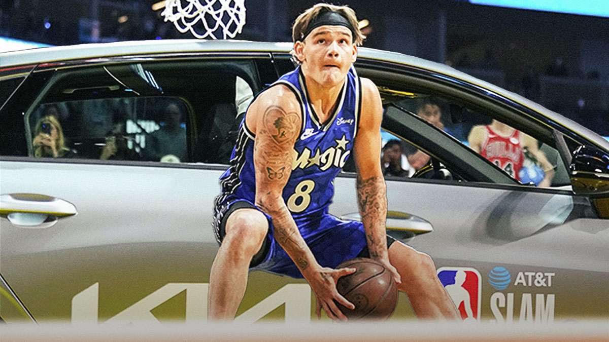 Magic guard Mac McClung with a photo of the car from the Slam Dunk Contest, and a background of Gate City, Virginia.