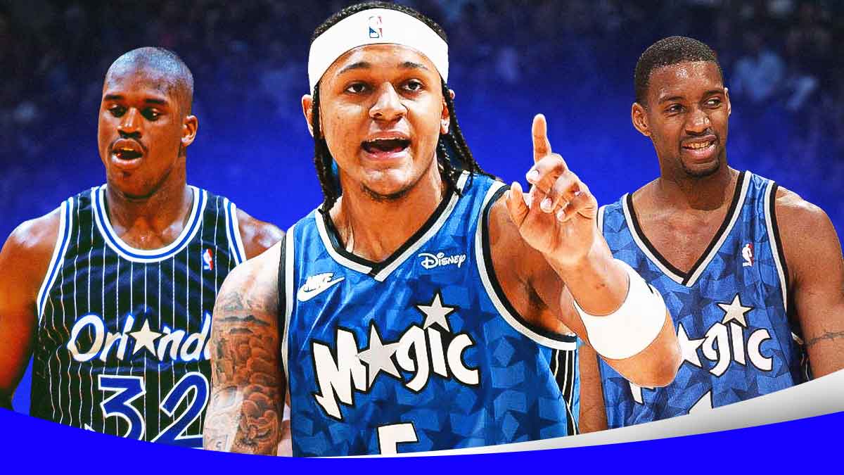 Paolo Banchero, Shaquille O'Neal, Tracy McGrady, Orlando Magic logo in background, fire symbols