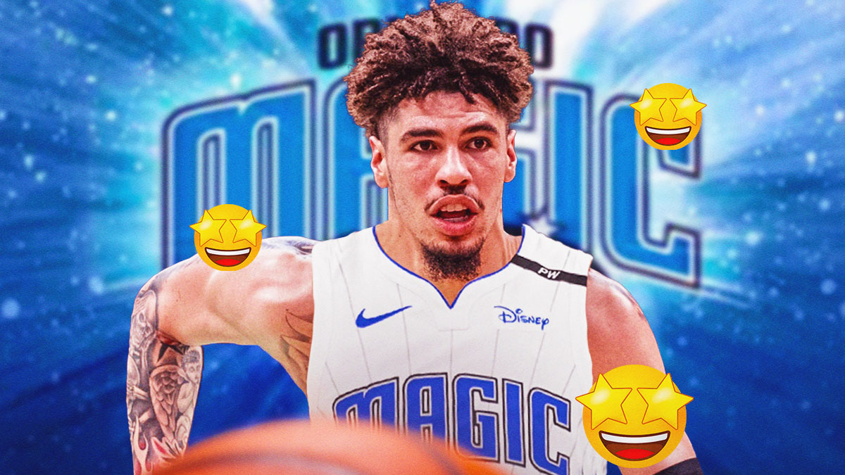 LaMelo Ball in the middle in a Orlando Magic uniform, Orlando Magic wallpaper in the background, 🤩 emoji all around