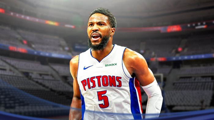 Malik Beasley in his Pistons uniform on the Pistons court.