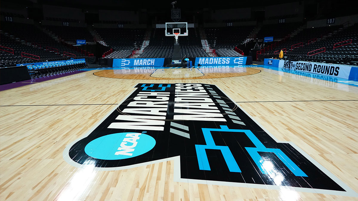 A general overall view of the March Madness logo at center court of the Spokane Veterans Memorial Arena.