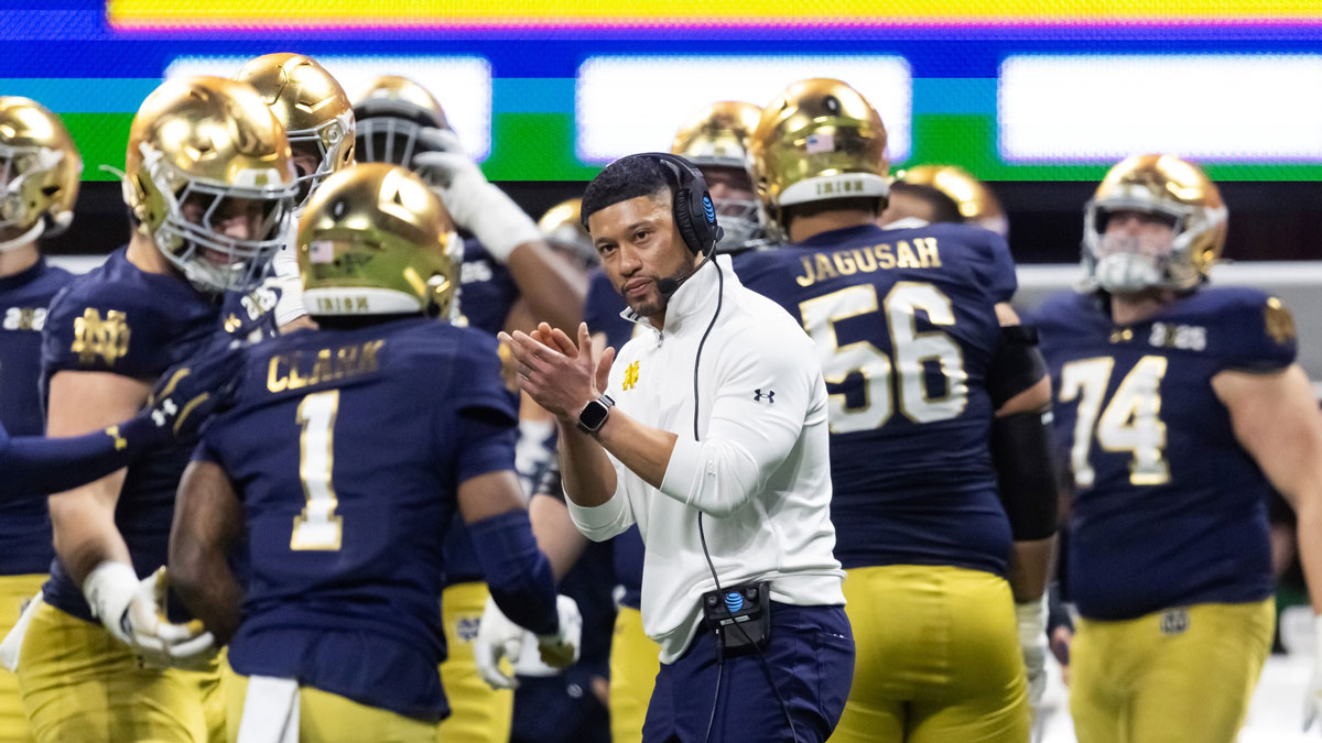 Notre Dame Fighting Irish head coach Marcus Freeman against the Ohio State Buckeyes during the CFP National Championship college football game at Mercedes-Benz Stadium.