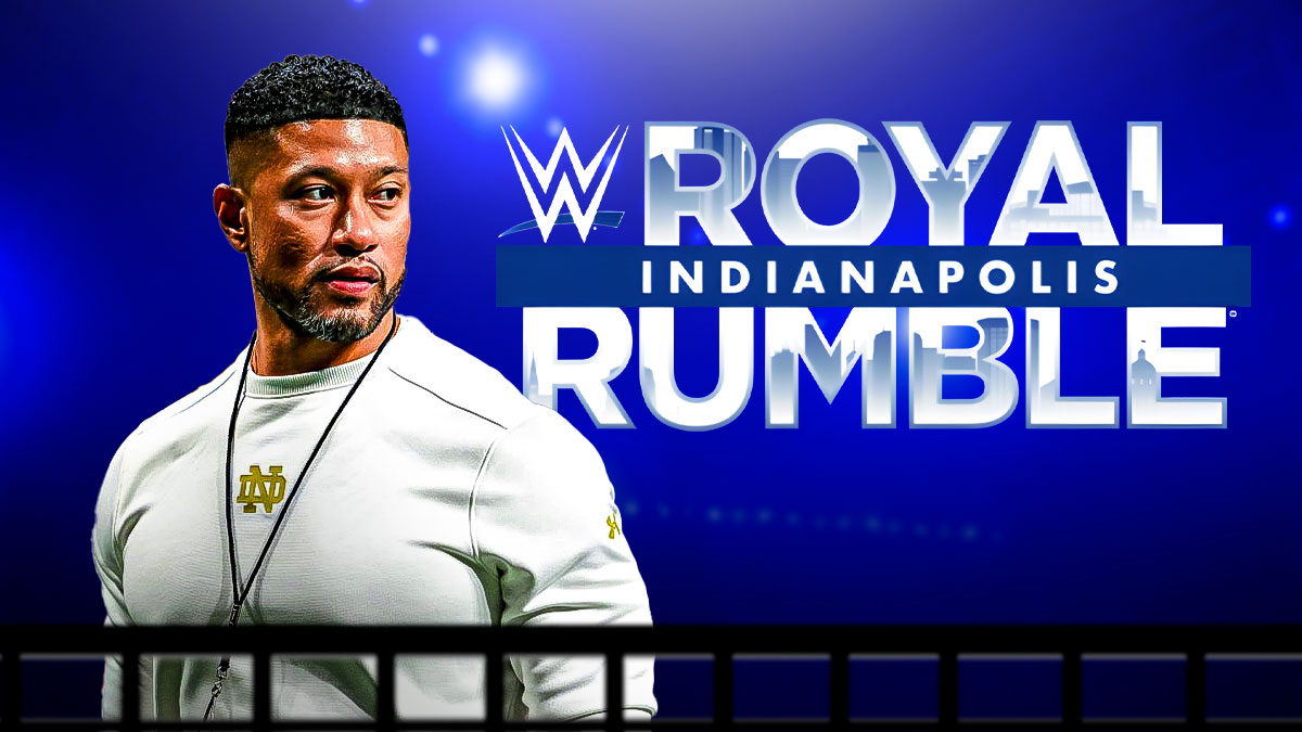 Marcus Freeman next to the 2025 WWE Royal Rumble logo