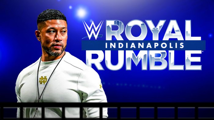 Marcus Freeman next to the 2025 WWE Royal Rumble logo