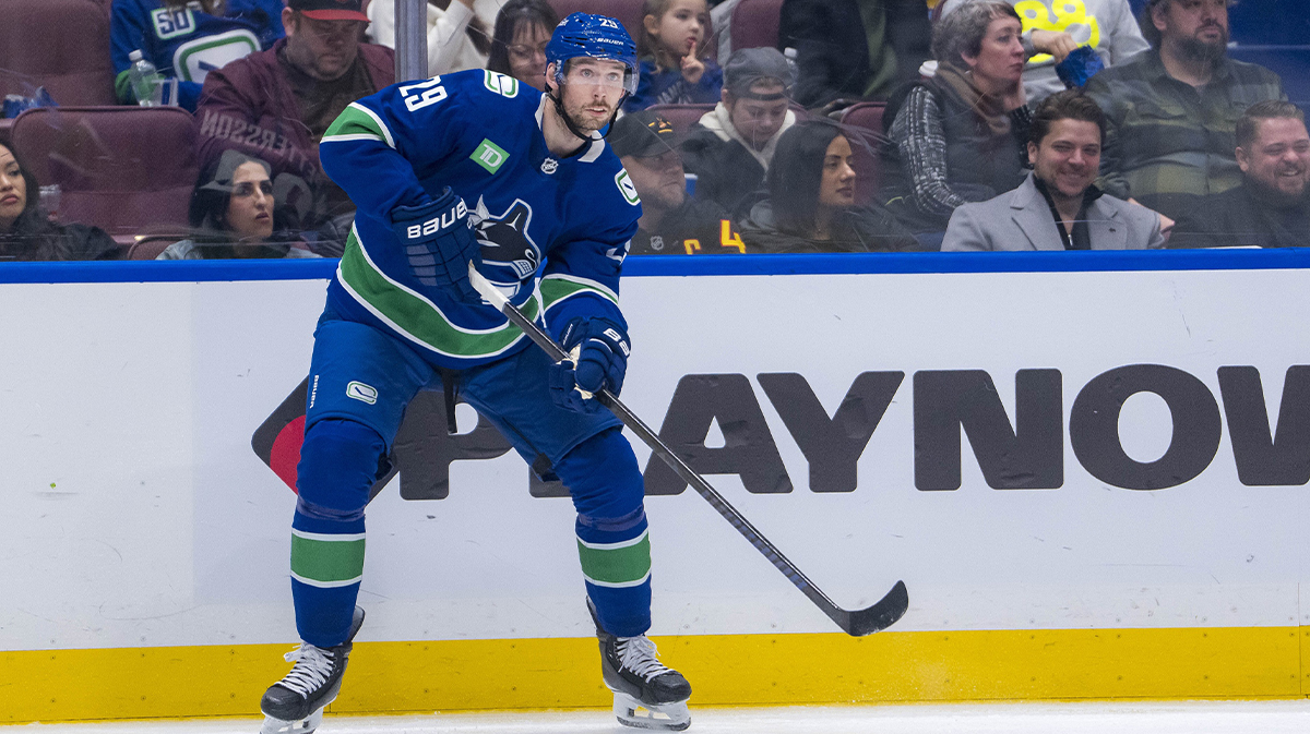 Vancouver Canucks Defenseman Marcus Pettersson (29) passes during the third period against Detroit Red Wings in Rogers Arena.