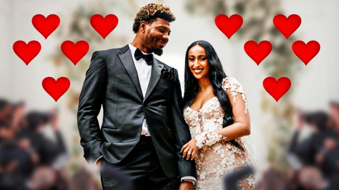 Marcus Smart and Maisa Hallum surrounded by hearts.