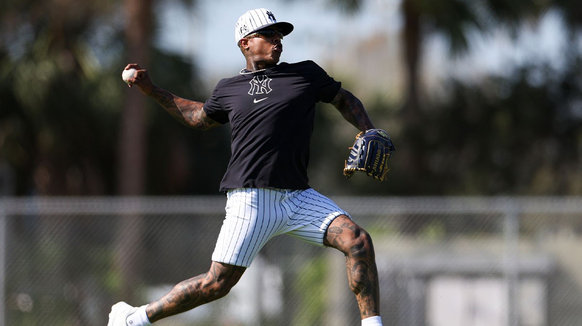  New York Yankees starting pitcher Marcus Stroman (0) participates in spring training workouts at George M. Steinbrenner Field.