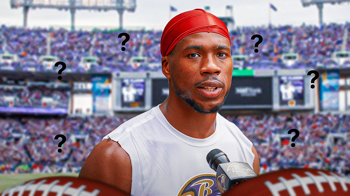 Marcus Williams in a Ravens jersey with question marks around the picture.