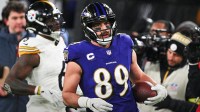 Jan 11, 2025; Baltimore, Maryland, USA; Baltimore Ravens tight end Mark Andrews (89) against the Pittsburgh Steelers in the second quarter in an AFC wild card game at M&T Bank Stadium.