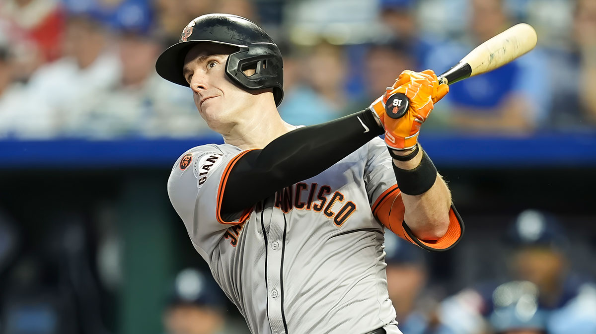 San Francisco Giants first baseman Mark Canha (16) bats during the first inning against the Kansas City Royals at Kauffman Stadium.