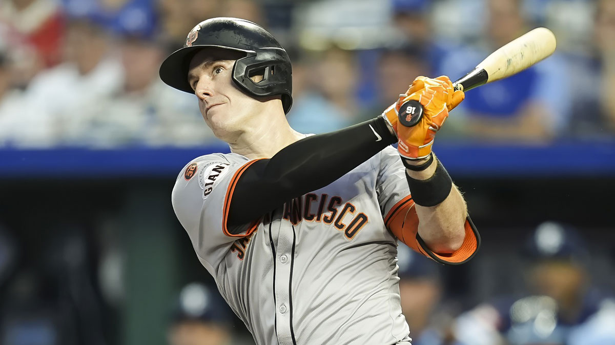 Giants San Francisco Giants First Baseman Mark Canha (16) sticks during the first innings against Kansas City Royals at Kauffman Stadium.