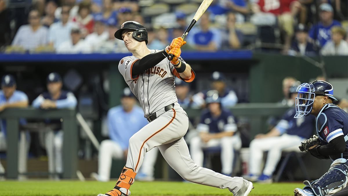 Sep 20, 2024; Kansas City, Missouri, USA; San Francisco Giants first baseman Mark Canha (16) bats during the first inning against the Kansas City Royals at Kauffman Stadium.