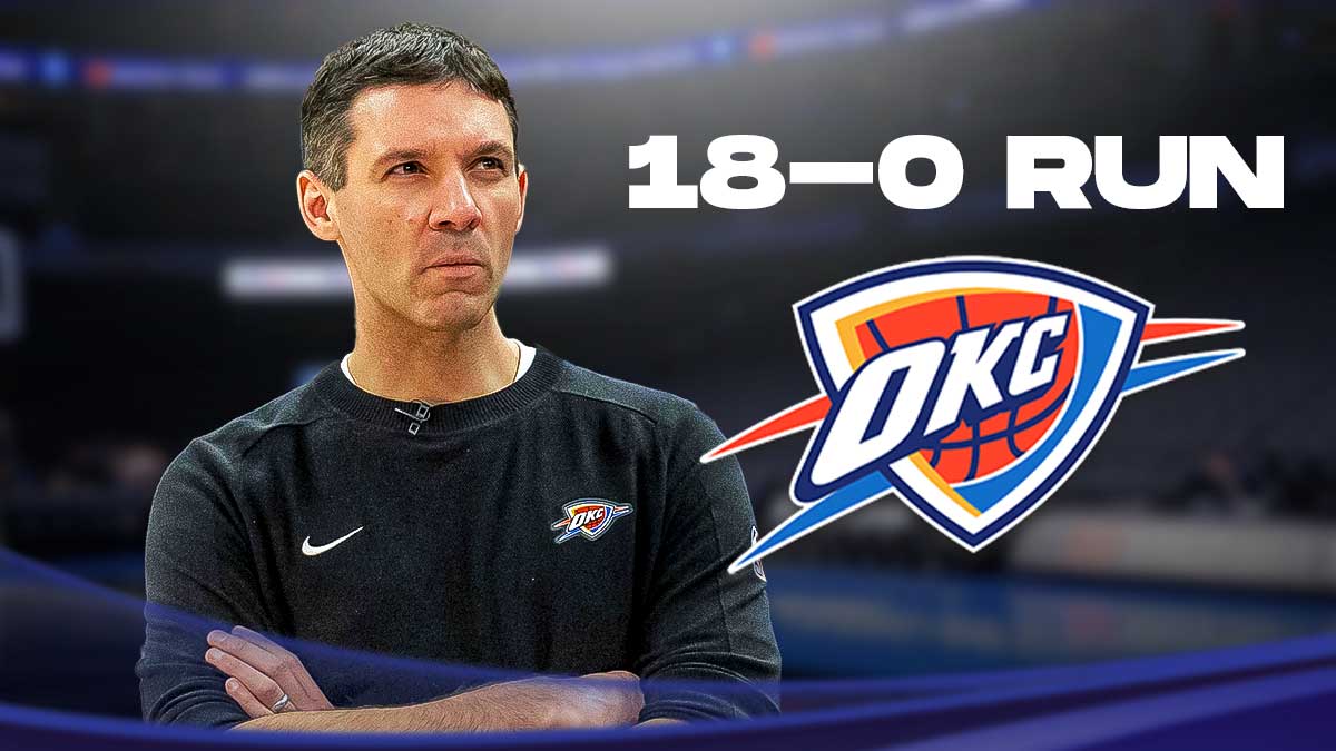Thunder head coach Mark Daigneault next to the Nets logo with the words 18-0 run next to the Thunder logo in the background