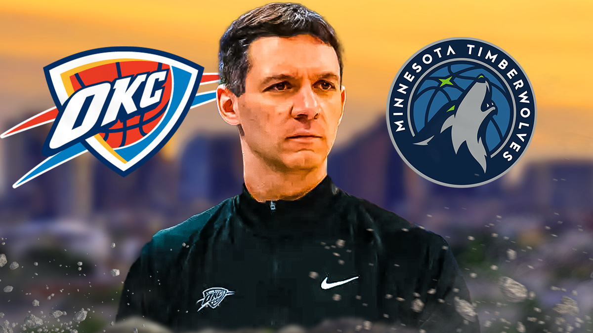 Mark Daigneault, OKC Thunder and Minnesota Timberwolves logos, eyes symbols