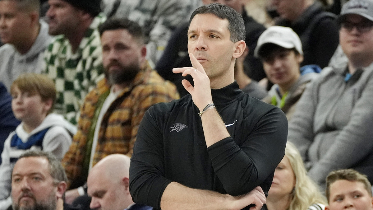 Oklahoma City Thunder The main coach Mark Daigneault looks at his team as Minnesota Timbervolves in the third quarter at the target center.