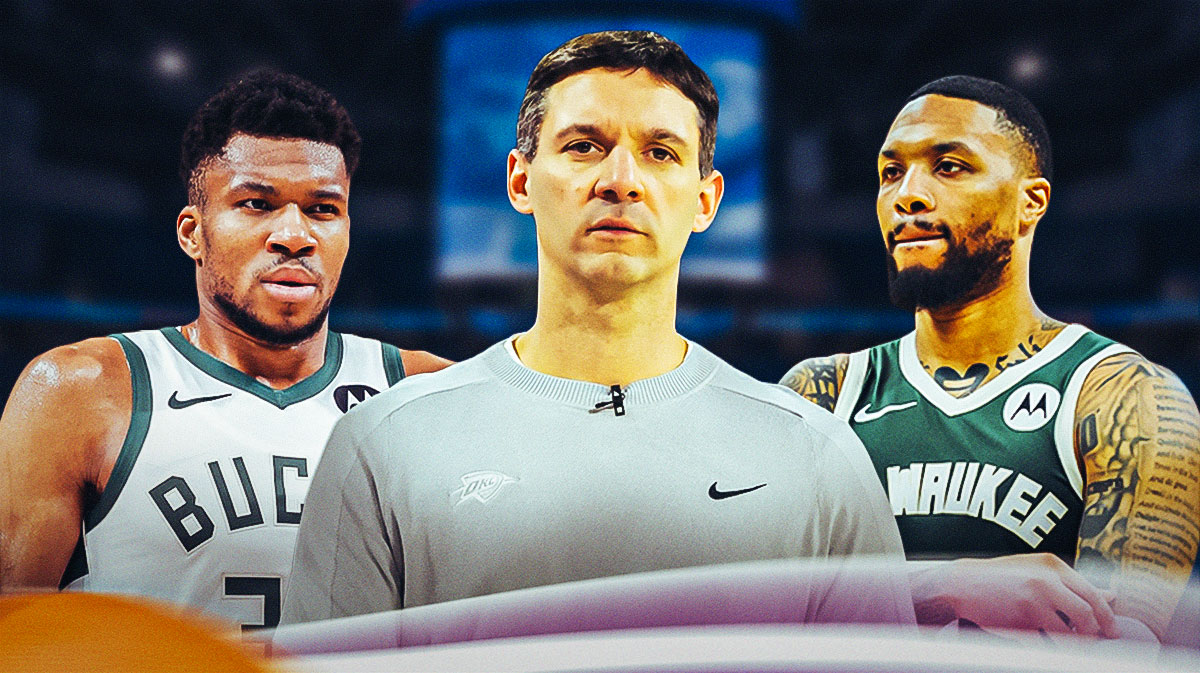 Thunder head coach Mark Daigneault in between Bucks All-Star Giannis Antetokoumpo and All-star Damian Lillard