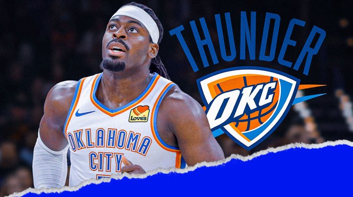 Thunder guard Lu Dort next to the Thunder logo