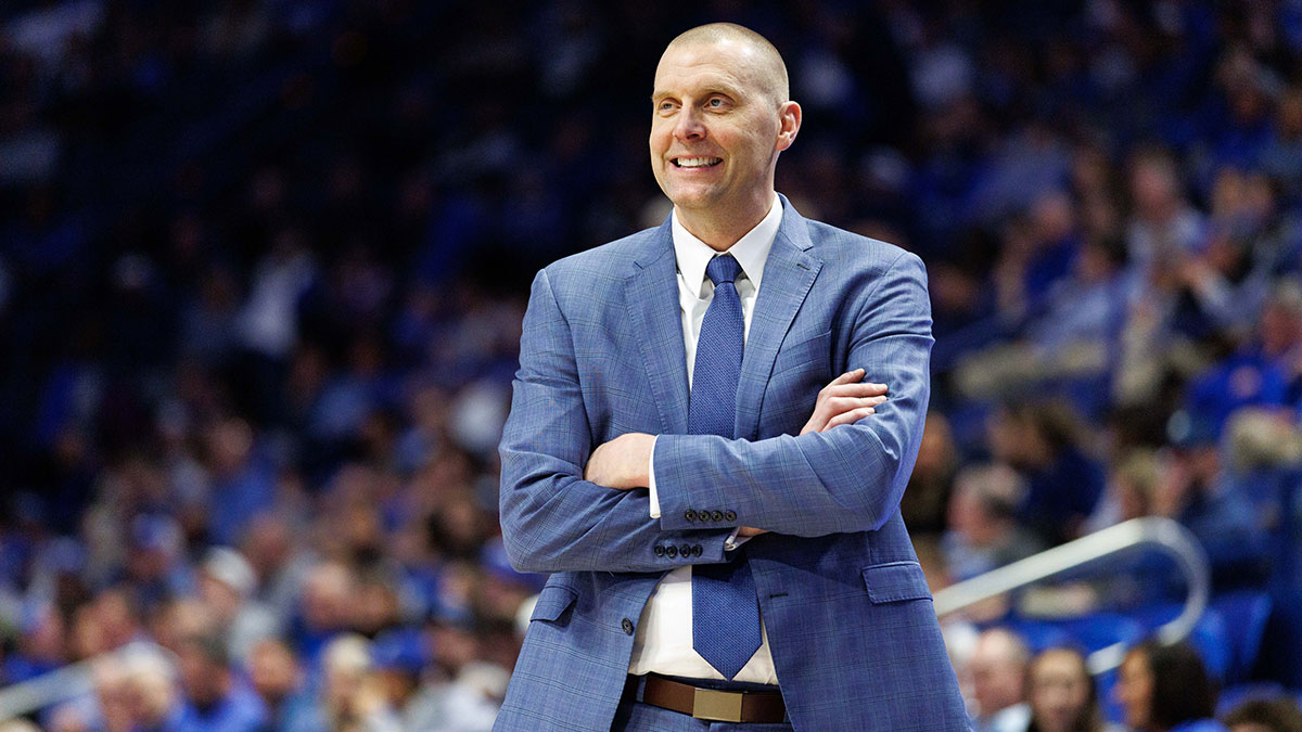 Kentucky Wildcats head coach Mark Pope smiles as he watches the action during the second half against the South Carolina Gamecocks at Rupp Arena at Central Bank Center.