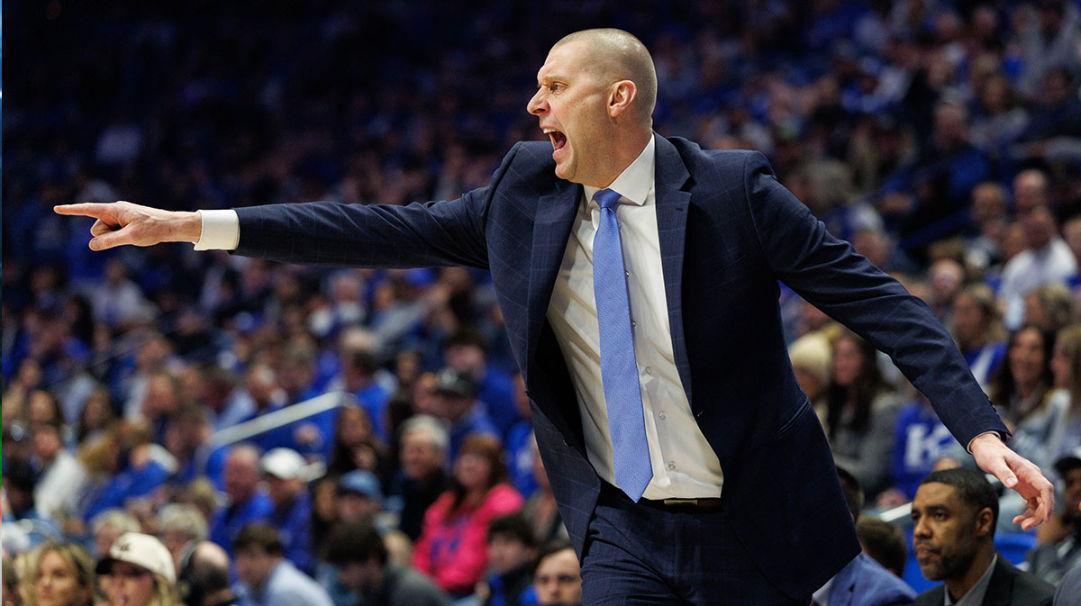 Kentucky Wildcats head coach Mark Pope reacts during the first half against the Vanderbilt Commodores at Rupp Arena at Central Bank Center.