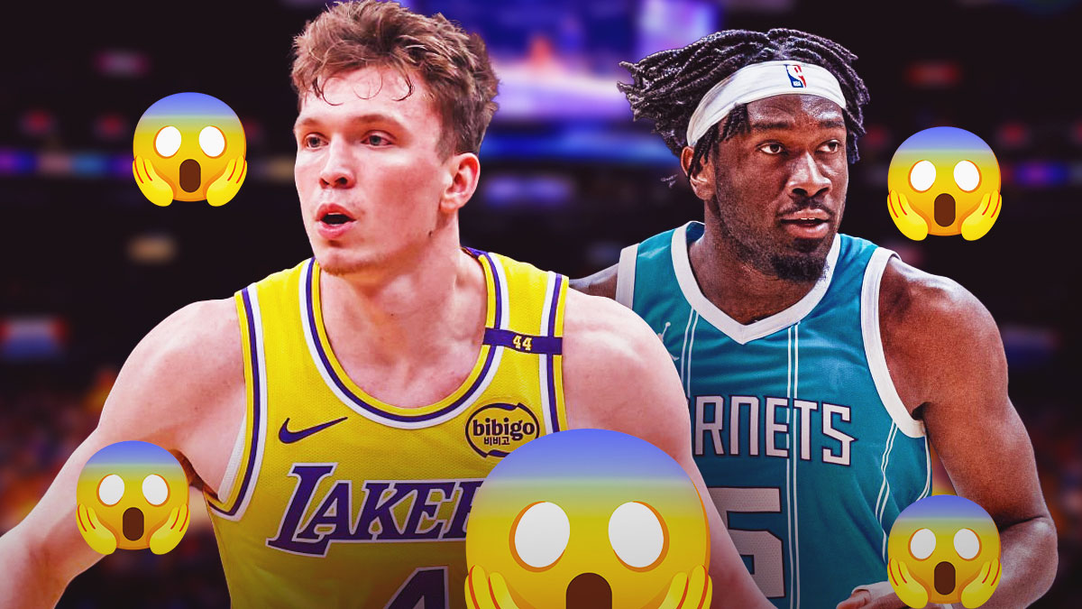 Mark Williams and Dalton Knecht on the Lakers basketball court with shocked face emojis around them.