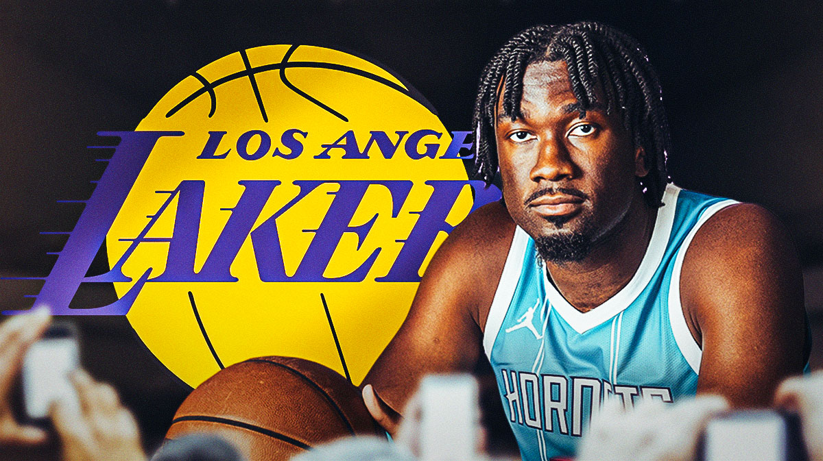Mark Williams, Mark Williams trade, Lakers, Hornets, Mark Williams failed trade, Mark Williams in Hornets uni, Lakers logo on graphic, basketball background