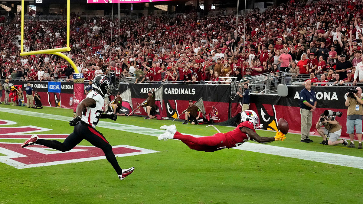 Nov 12, 2023; Glendale, AZ, USA; Arizona Cardinals wide receiver Marquise Brown (2) misses a touchdown catch against the Atlanta Falcons in the first half at State Farm Stadium. 