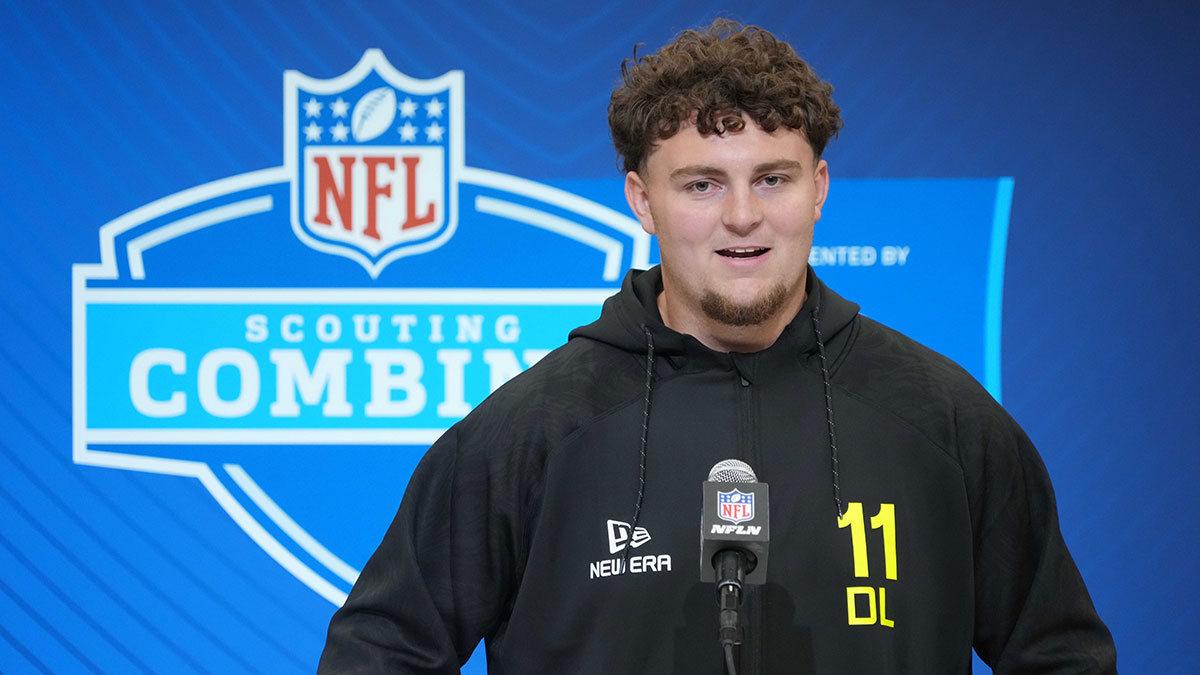 Michigan defensive lineman Mason Graham (DL11) during the 2025 NFL Scouting Combine at the Indiana Convention Center.