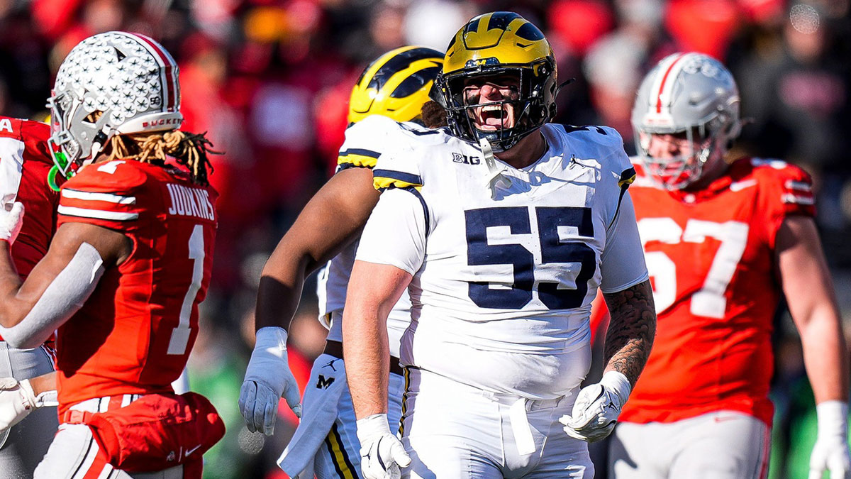 Michigan defensive lineman Mason Graham (55) celebrates a play against Ohio State during the second half at Ohio Stadium