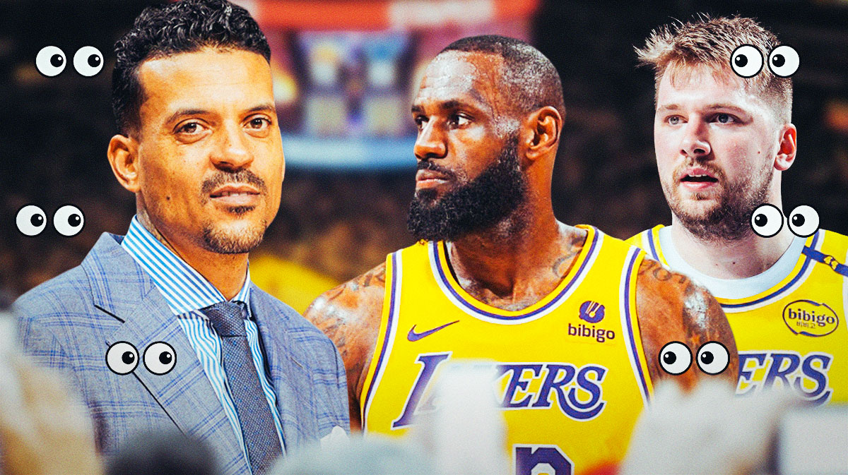 Matt Barnes on one side, LeBron James and Luka Doncic (in a Los Angeles Lakers uniform) on the other side with the big eyes emoji over his face