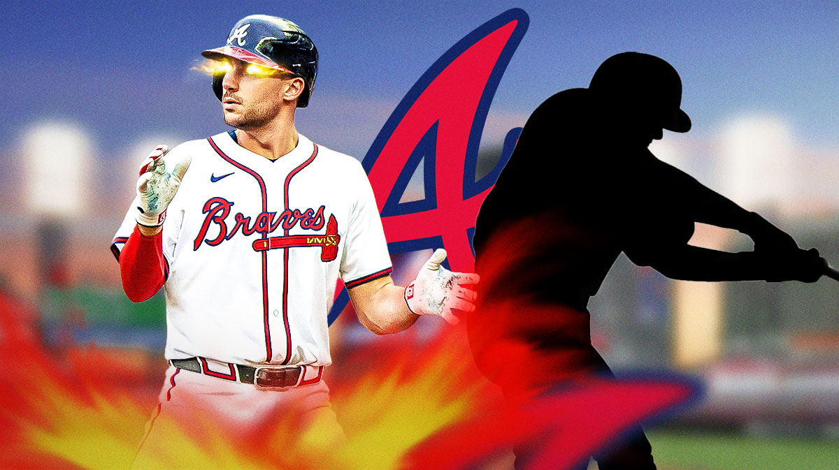 Braves Matt Olson with fire in his next next to a silhouette of Sean Murphy swinging a bat