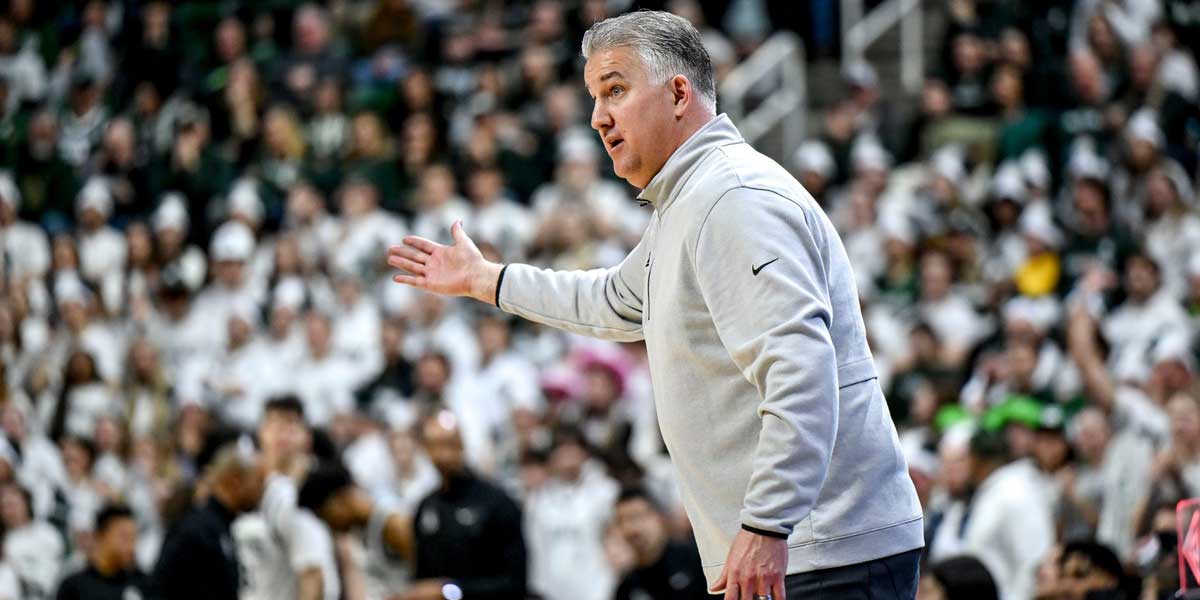 Purdue's head coach Matt Painter reacts to a no call during the first half against Michigan State on Tuesday, Feb. 18, 2025, at the Breslin Center in East Lansing.