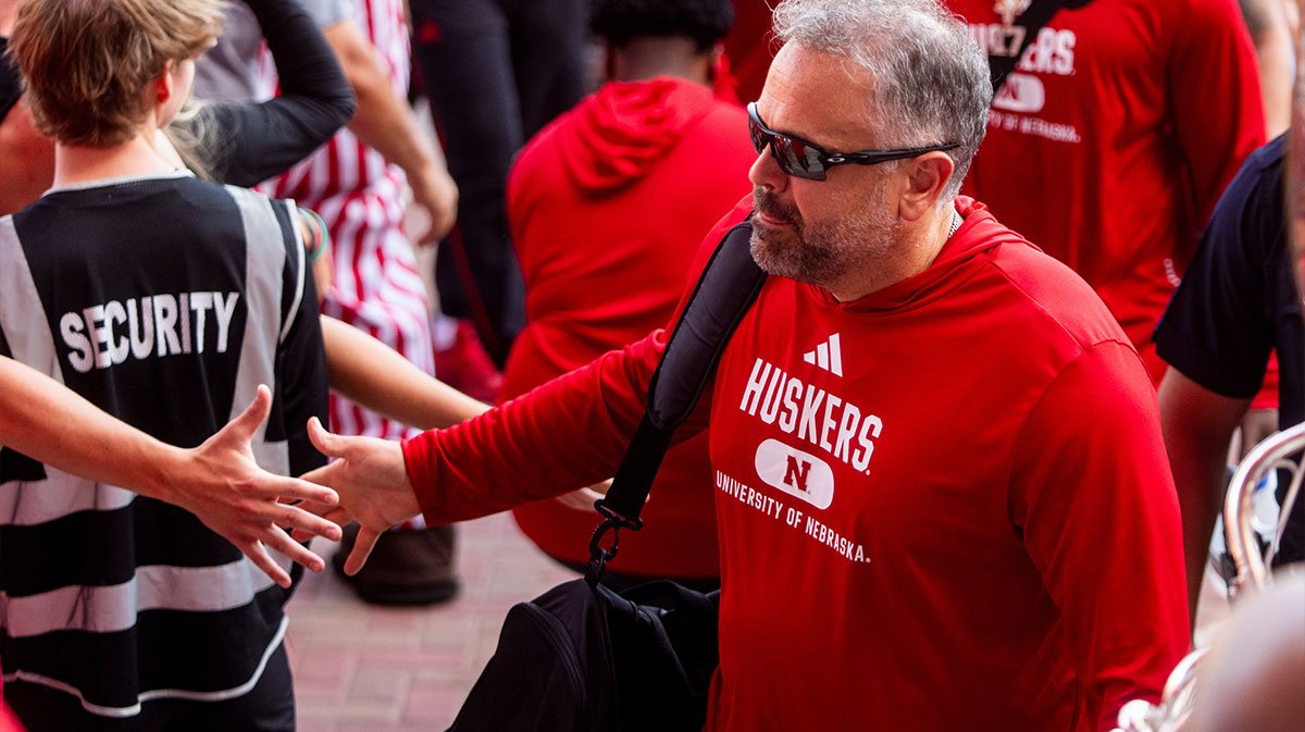 Nebraska Cornhuskers head coach Matt Rhule walks into the facilities before the game against the Colorado Buffaloes at Memorial Stadium.