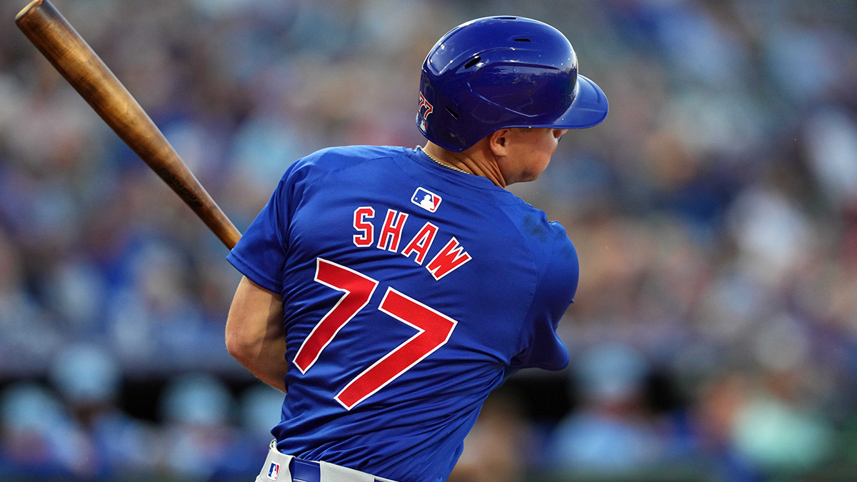 Mar 5, 2024; Surprise, Arizona, USA; Chicago Cubs third baseman Matt Shaw (77) bats against the Kansas City Royals during the second inning at Surprise Stadium. 