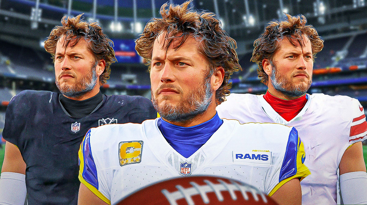 Matthew Stafford in a Rams jersey, a Raiders jersey, and a Giants jersey.