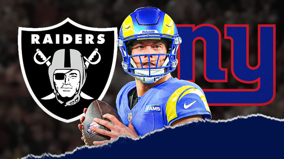 Matthew Stafford in a Los Angeles Rams uniform with NY Giants and LV Raiders logos and question marks surrounding