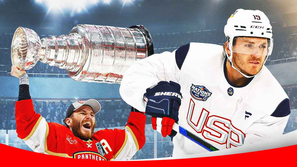 Matthew Tkatchuk raising the Stanley Cup on the left, him in a Team USA jersey on the right