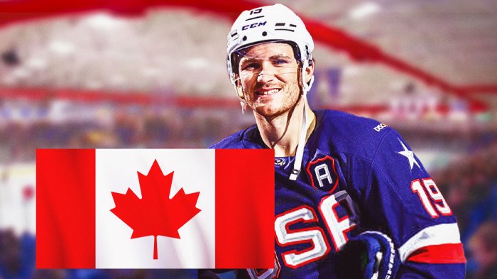 Featured Graphic idea: image USA hockey forward Matthew Tkachuk (with a USA jersey on) looking hyped and happy next to an image of Canadian flag