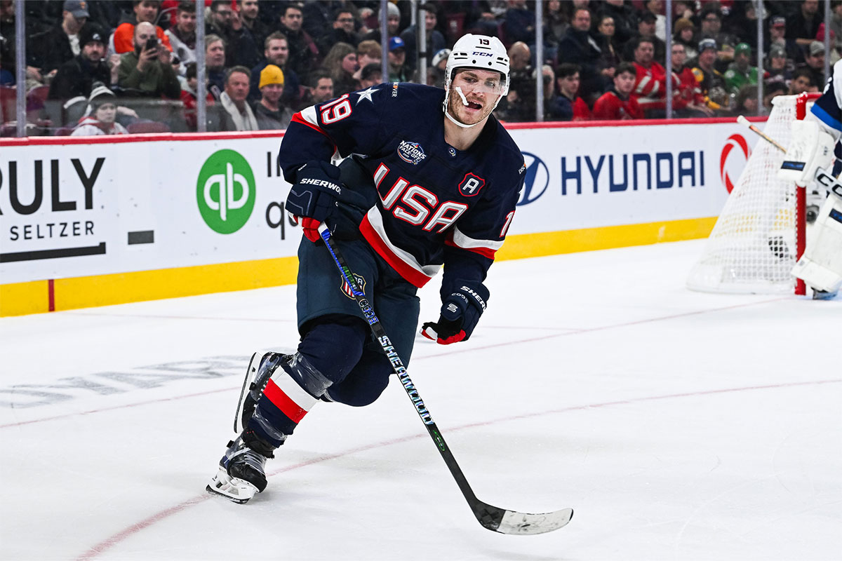 Team USA forward Matthew Tkachuk (19) skates against Team Finland in the third period during a 4 Nations Face-Off ice hockey game at Bell Centre.