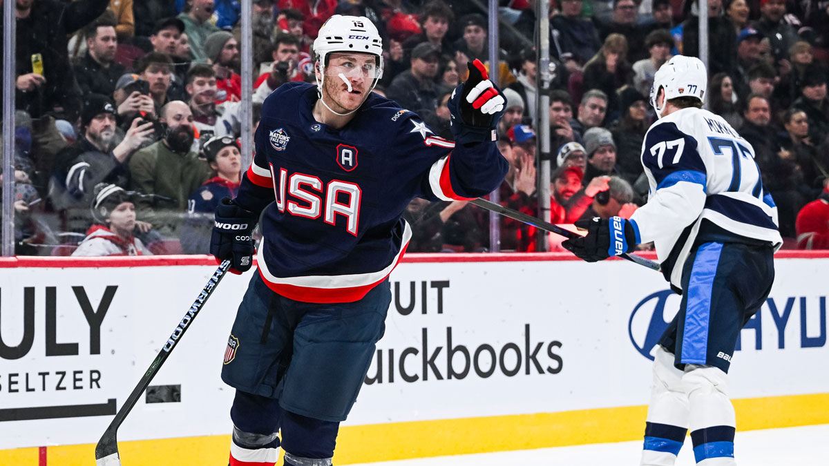 Team USA forward Matthew Tkachuk (19) celebrates his goal against Team Finland in the third period during a 4 Nations Face-Off ice hockey game at Bell Centre.
