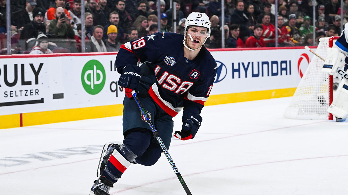 Team USA forward Matthew Tkachuk (19) skates against Team Finland in the third period during a 4 Nations Face-Off ice hockey game at Bell Centre.