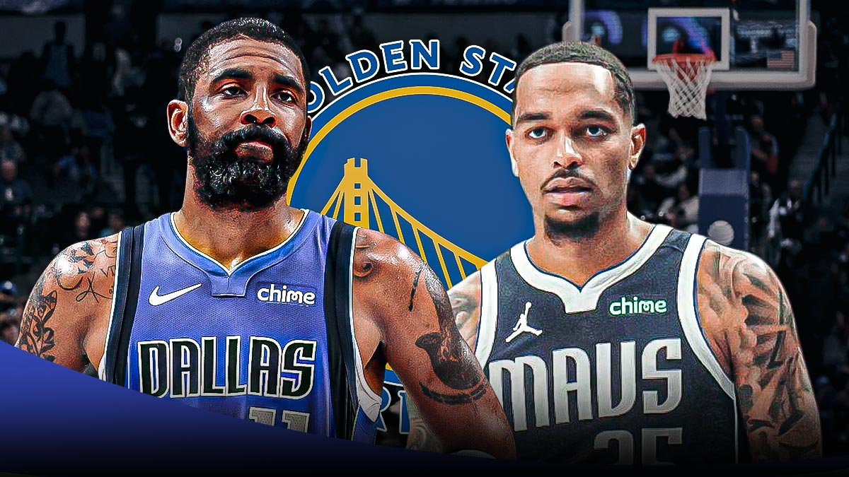 Mavericks Kyrie Irving and Mavericks PJ Washington both looking serious/upset with the Mavericks and Warriors logos in background.