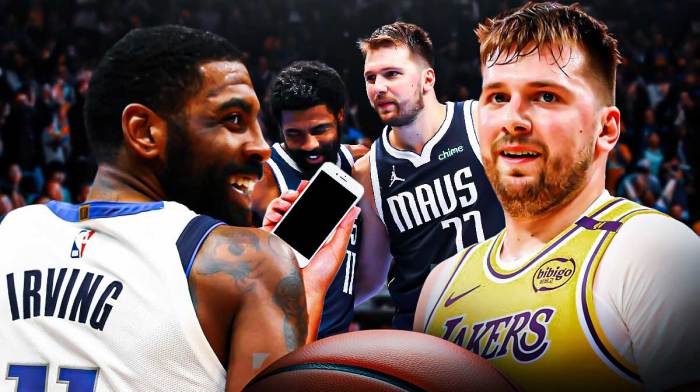 Photo: Luka Doncic in Lakers jersey smiling at Kyrie Irving in Mavericks jersey, have both of them with cell phones in their hands, another pic in the background of Doncic and Irving together in Mavs jerseys