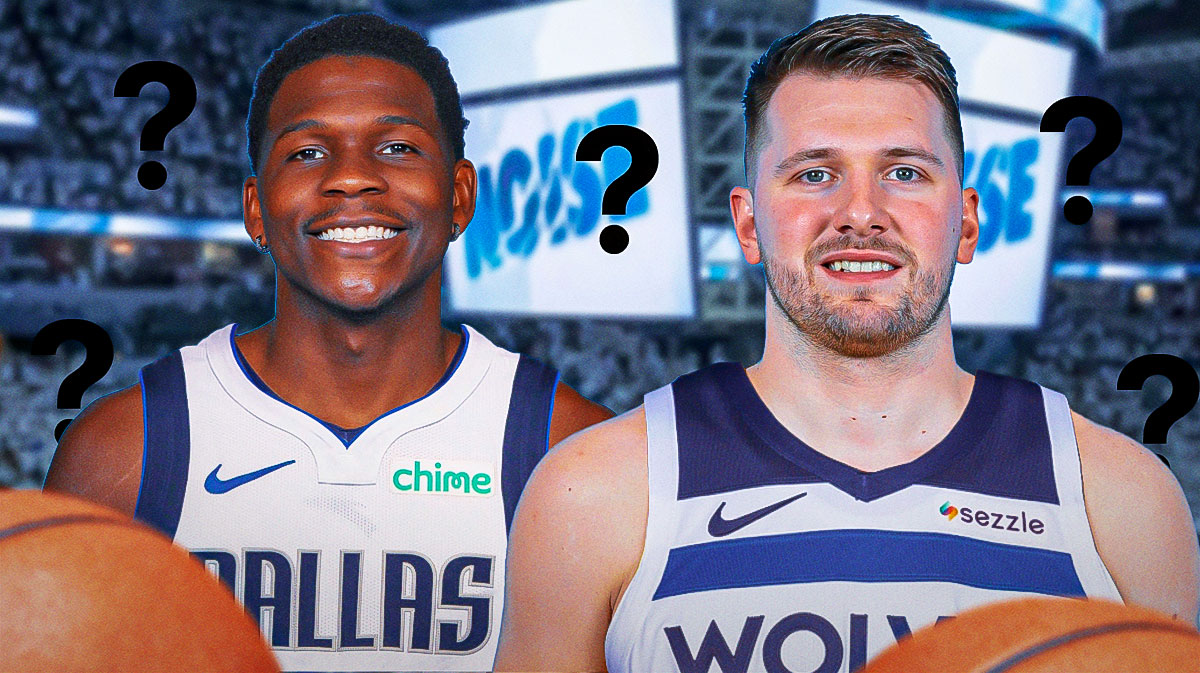 Luka Doncic in a Timberwolves jersey and Anthony Edwards in a Mavericks jersey with lots of question marks all around