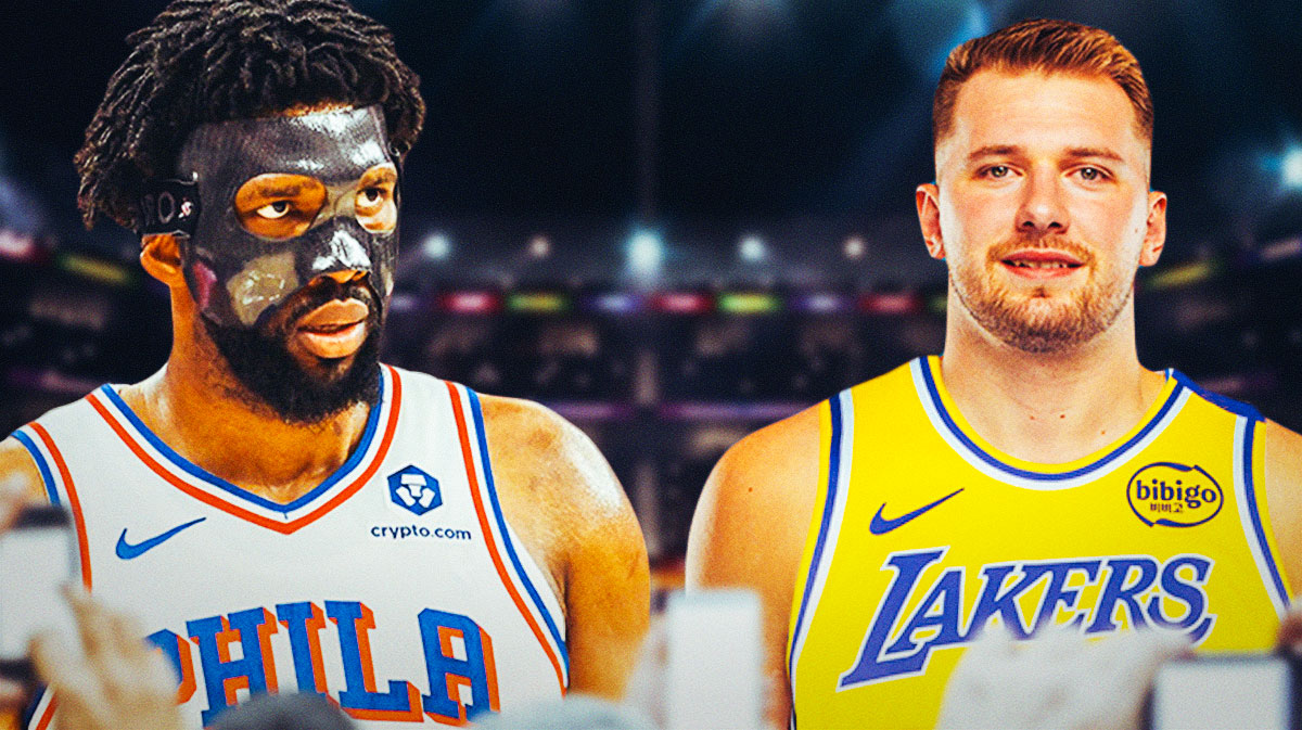 Luka Doncic in a Lakers jersey, and Joel Embiid.