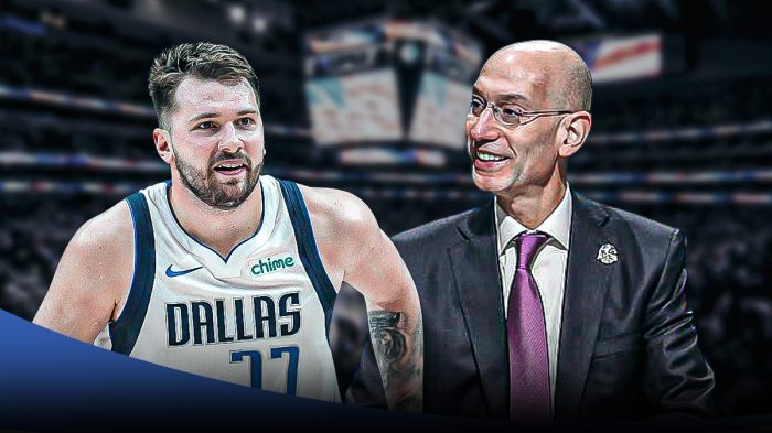 Adam Silver next to Dallas Luka Doncic in front of the Mavericks stadium.