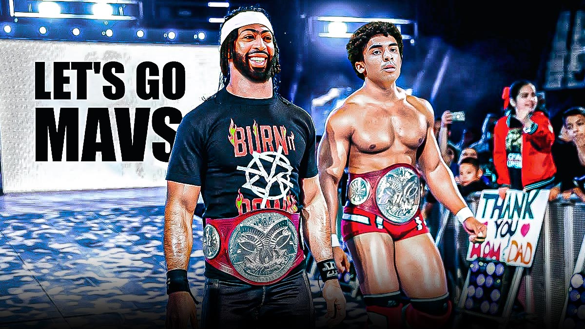 Mavericks players Anthony Davis and Max Christie as wrestlers making an entrance