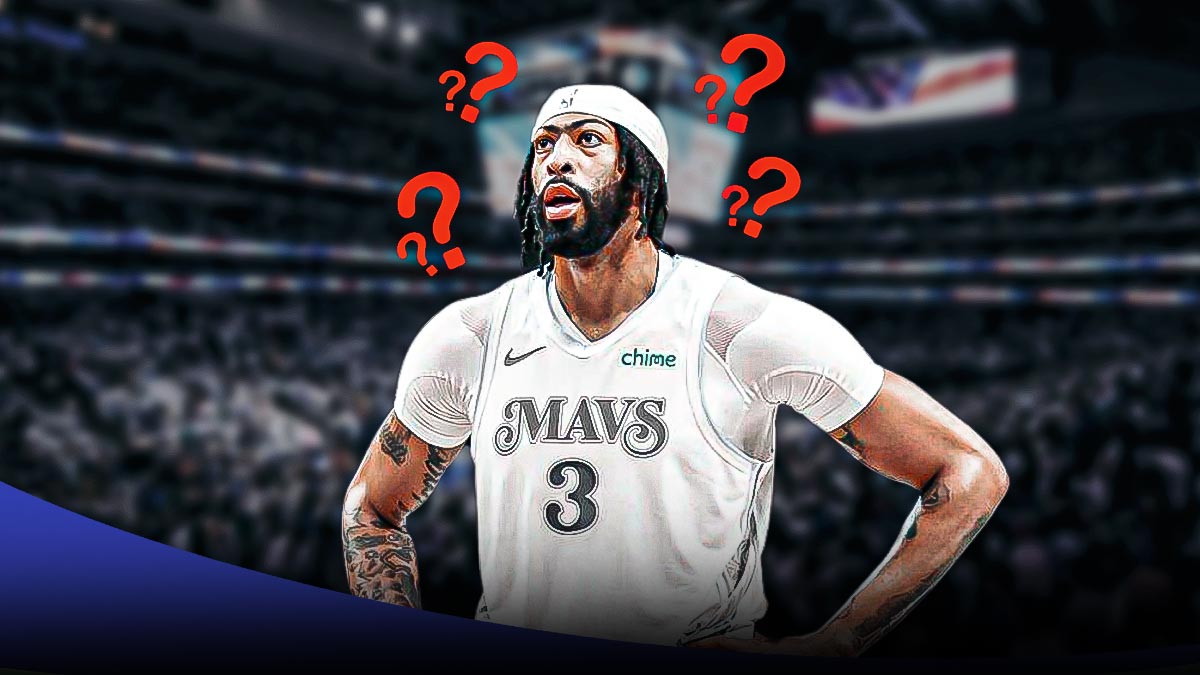 Mavericks star Anthony Davis with question marks around him, American Airlines Center in back