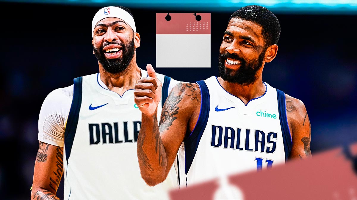 Mavericks' Kyrie Irving and Anthony Davis (Davis in Mavs uni) together in the middle, smiling, with 2018 calendar behind them