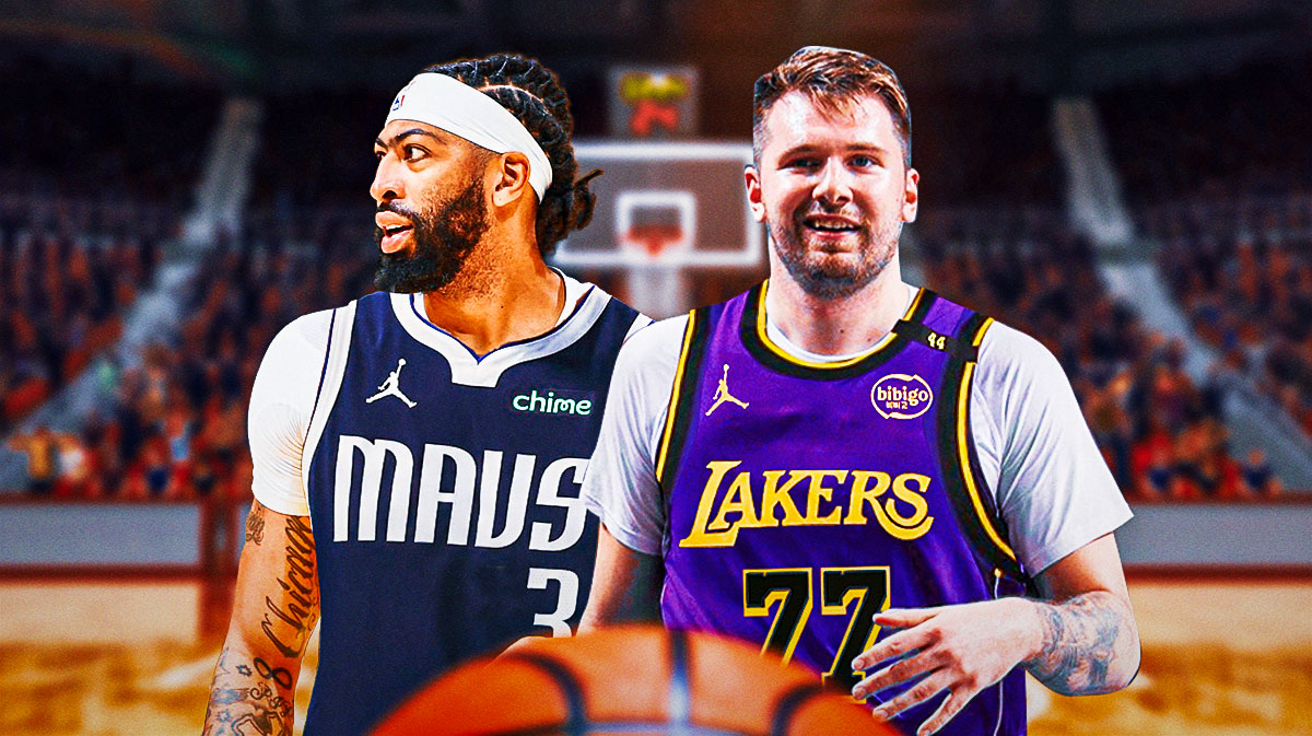 Luka Doncic and Anthony Davis at the center, with Doncic in a Lakers jersey and Davis in a Mavericks jersey.